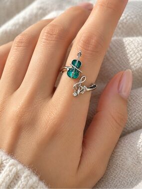 Silver Tone Violin Music Note Iridescent Inlay Open Band Ring (R24)